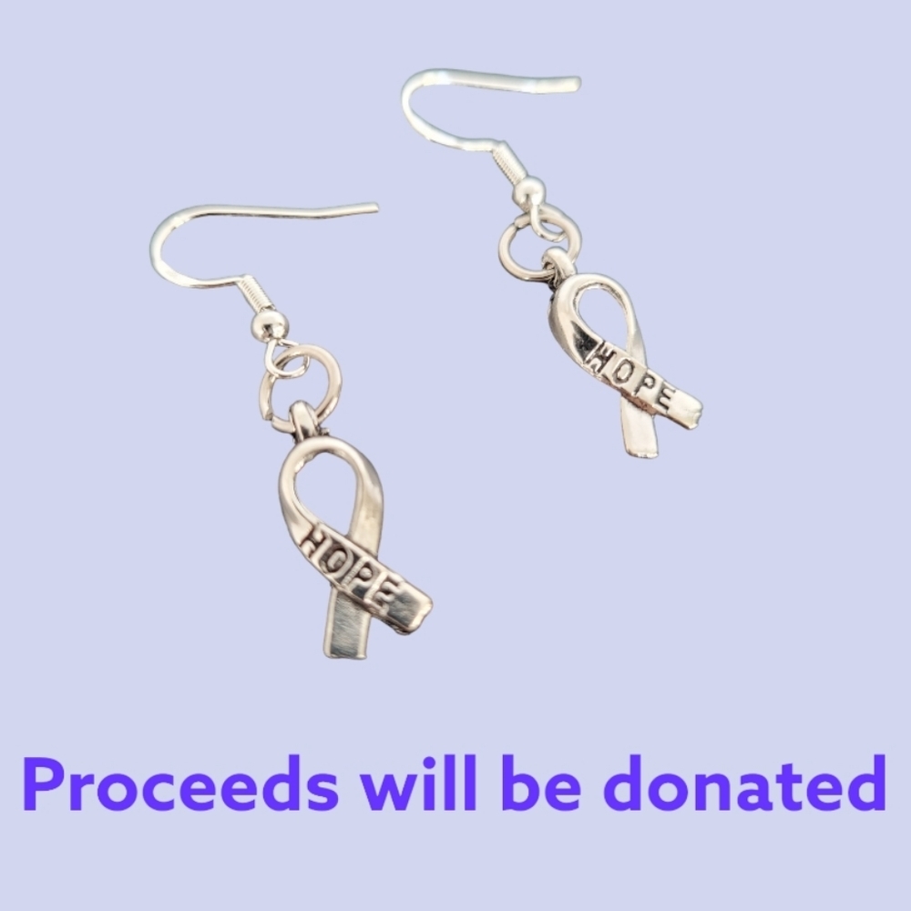 New Cancer Support ribbon with HOPE engraved Silver 925 hypoallergenic earrings